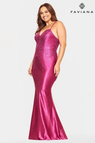 Faviana Satin Lace-up Back Maxi Dress - Plus In Raspberry In Multi
