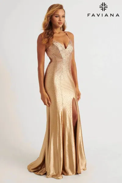 Faviana Satin Open Back Prom Dress In Gold