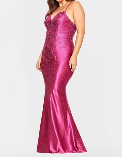 Faviana Satin V-neck Rhinestone Gown In Raspberry In Red