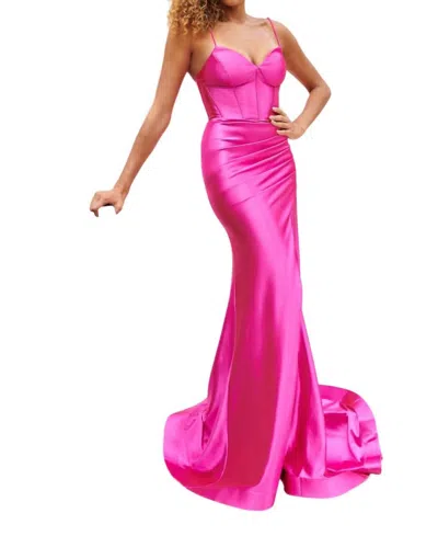 Faviana Sculpted Satin Corset Gown In Lipstick Red In Pink