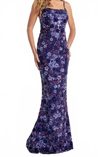 Faviana Sequin Floral Gown In Purple In Blue
