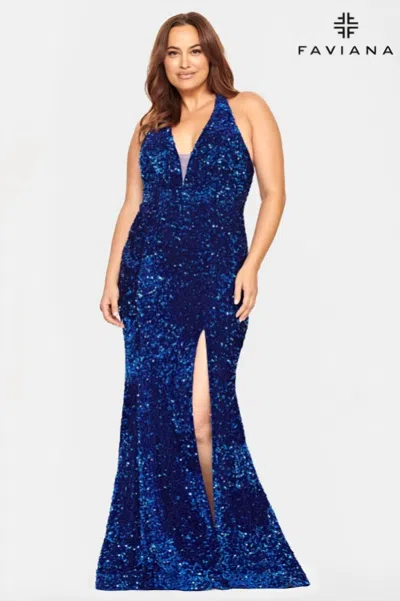 Faviana Sequin Halter Deep V Neck Fit N Flare Gown In Hunter Green In Blue