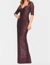 Faviana Sequin Sweetheart Neck Dress In Eggplant In Beige