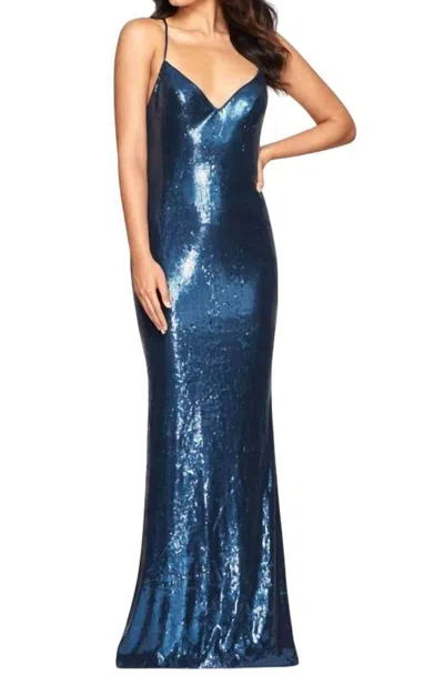Faviana Sequin V Neck Gown In Navy In Blue