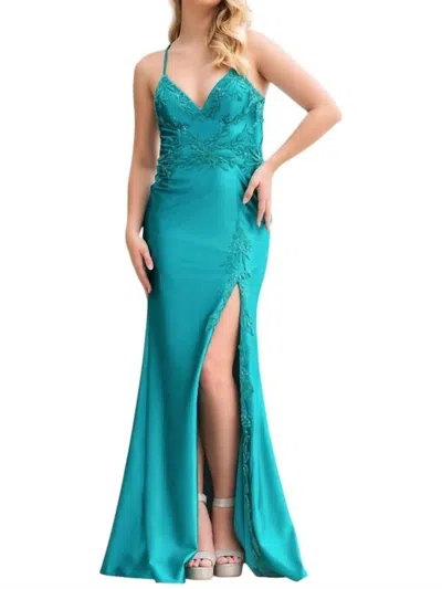 Faviana Sleek Satin V-neck Dress In Peacock In Blue