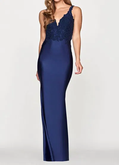 Faviana Stretch Charmeuse Applique Dress In Navy In Blue