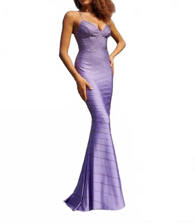 Faviana Stretch Satin Rhinestone Dress In Lilac In Purple