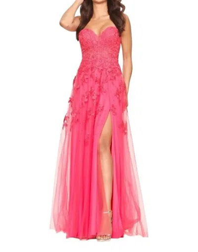Faviana Tulle Applique Gown In Hot Pink