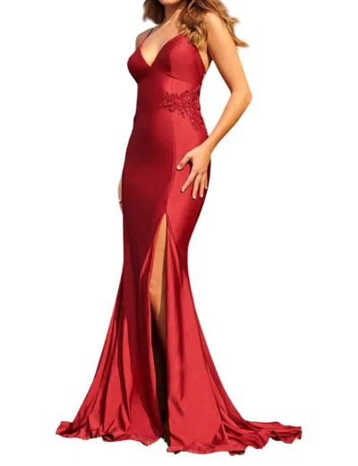 Faviana V-neck Lace Up Back Long Dress In Wine In Pink