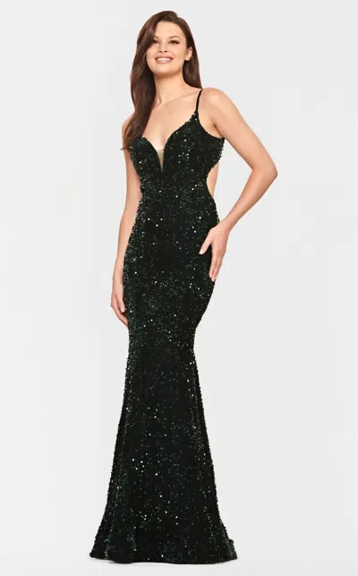 Faviana V-neck Cutout Sequin Evening Gown In Hunter In Blue