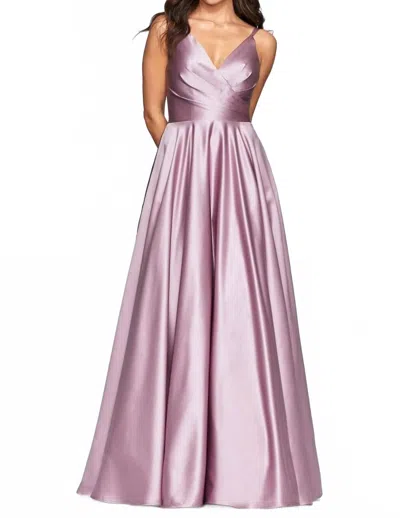 Faviana V-neck Pleated Satin Gown In Deep Mauve In Purple