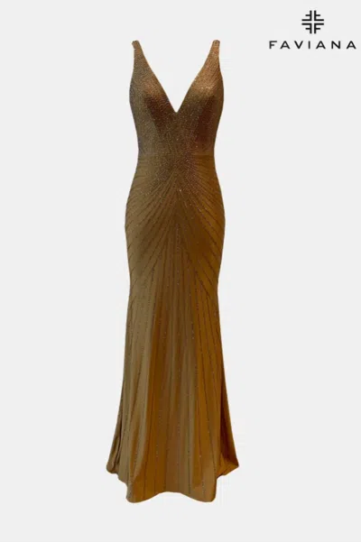 Faviana Women's V-neck Hot Stone With Sunburst Pattern Gown In Gold