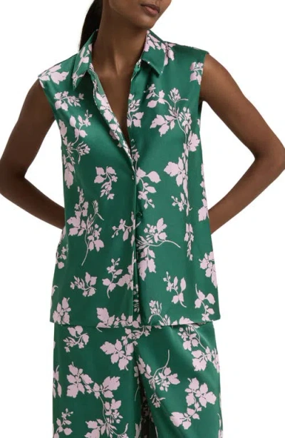 Favorite Daughter Agatha Sleeveless Crepe Satin Button-up Shirt In Emerald Floral