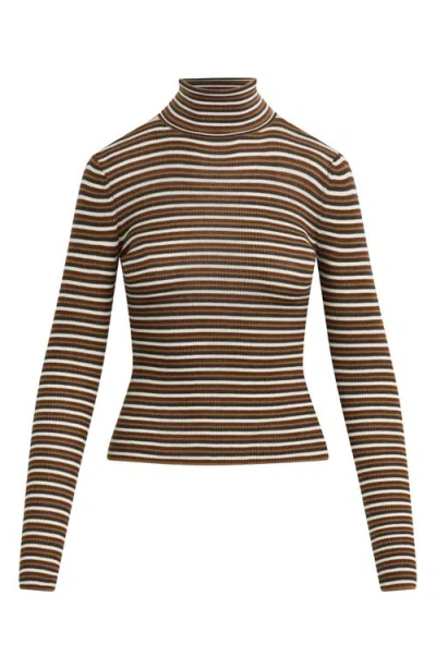 Favorite Daughter Amelia Rib Merino Wool Turtleneck Top In Toffee Mini Stripe
