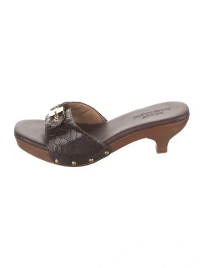 Pre-owned Favorite Daughter Embossed Leather Animal Print Slides In Brown