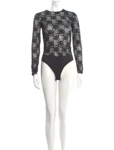 Pre-owned Favorite Daughter Lace Pattern Crew Neck Bodysuit In Black