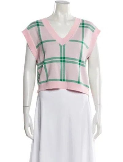 Pre-owned Favorite Daughter Plaid Print V-neck Sweater In Pink