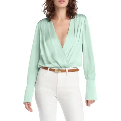 Favorite Daughter Surplice Long Sleeve Satin Bodysuit In Green