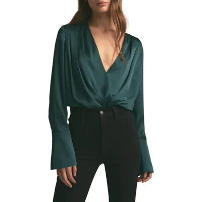 Favorite Daughter Surplice Long Sleeve Satin Bodysuit In Juniper