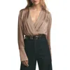 Favorite Daughter Surplice Long Sleeve Satin Bodysuit In Macchiato