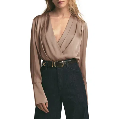 Favorite Daughter Surplice Long Sleeve Satin Bodysuit In Macchiato