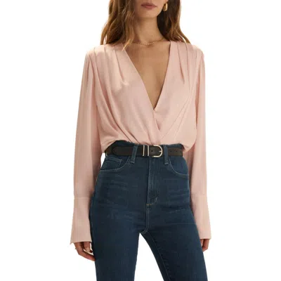 Favorite Daughter Surplice Long Sleeve Satin Bodysuit In Pink