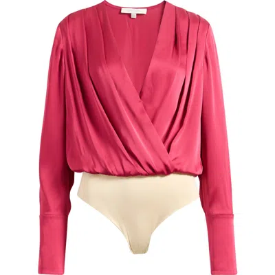 Favorite Daughter Surplice Long Sleeve Satin Bodysuit In Pink