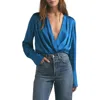 Favorite Daughter Surplice Long Sleeve Satin Bodysuit In Sapphire
