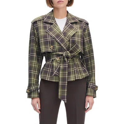 Favorite Daughter The Cropped Charles Plaid Trench Coat In Brown