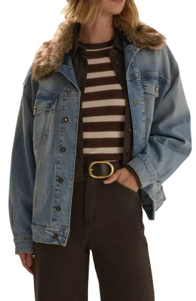 Favorite Daughter The Oversized Bowery Faux Fur Collar Jacket In Blue