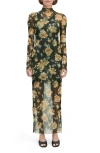 Favorite Daughter The Sheer Fantasy Floral Long Sleeve Mesh Maxi Dress In Green