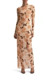 Favorite Daughter The Sheer Fantasy Floral Long Sleeve Mesh Maxi Dress In Brown