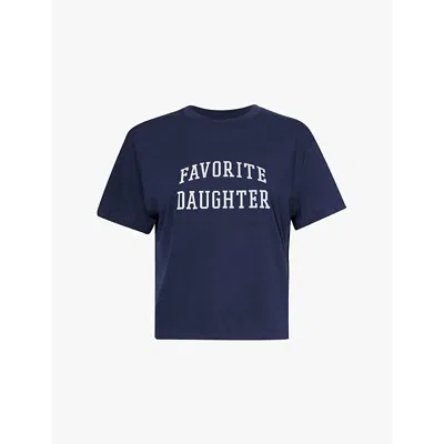 Favorite Daughter Womens Navy Brand-print Round-neck Woven-blend T-shirt In Navy