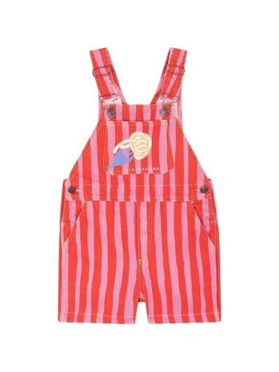 Favorite People Kids' Pasta Fresca Striped Illustration Short Overalls In Red