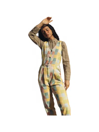 Favorite People Roller Skates Check-pattern Button-up Jumpsuit In Gold