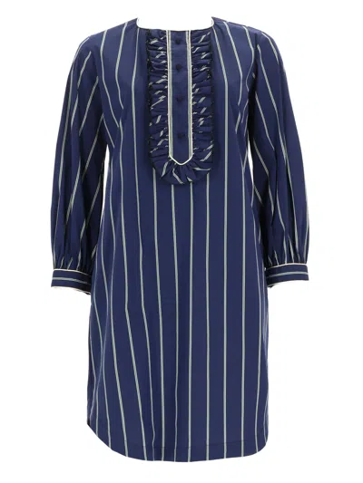 Fay Blue Striped Midi Dress With Ruffled Bib Detail