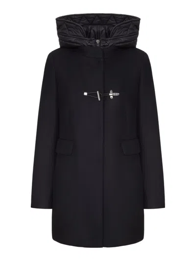Fay Archive Long Wool Blend Coat With Hood And Metal Closure In Black