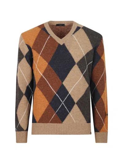 Fay Argyle Wool Jumper With V-neck In Multi