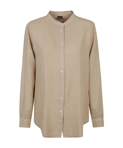 Fay Band-collar Long-sleeve Linen Shirt In Beige