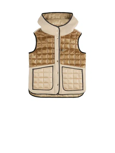 Fay Beige Quilted Teddy Mix Vest In Brown