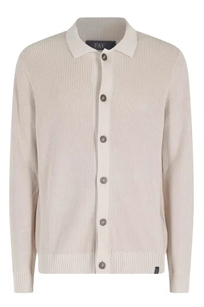 Fay Beige Shirt Jacket Maglia Front-buttons Cotton Cardigan In White