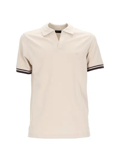 Fay Beige Striped Cuffs V Notch Polo Shirt In Neutral