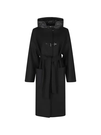 Fay Belted Hooded Coat In Black
