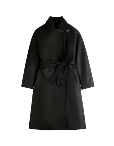 Fay Belted Structured Collar Wrap Long Coat In Black