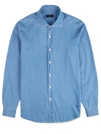 Fay Logo-embroidered Chambray Shirt In Blue