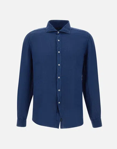 Fay Blue Linen Shirt With Mother Of Pearl Button Closure