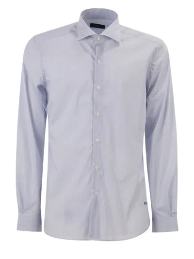 Fay Blue Stretch Cotton Shirt With French Collar And Embroidered Logo In Purple