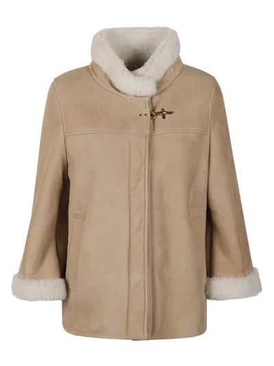 FAY BOXY BEIGE SUEDE COAT WITH PLUSH SHEARLING LINING
