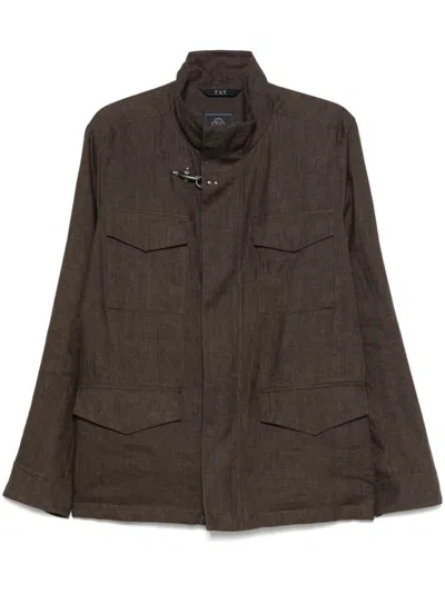 FAY FAY BROWN LINEN JACKET WITH HIGH COLLAR