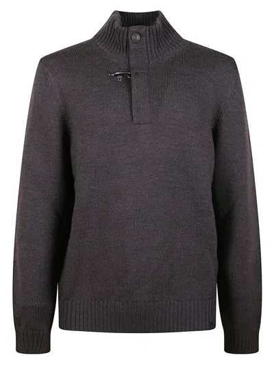 Fay Brown Wool Sweater With Zip Closure And Iconic Hook In Black
